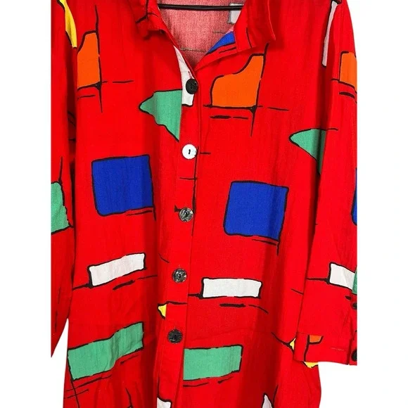Ali Miles Red Geometric Abstract Button Front‎ Tunic Wired Collar Art to Wear XL - Picture 4 of 11